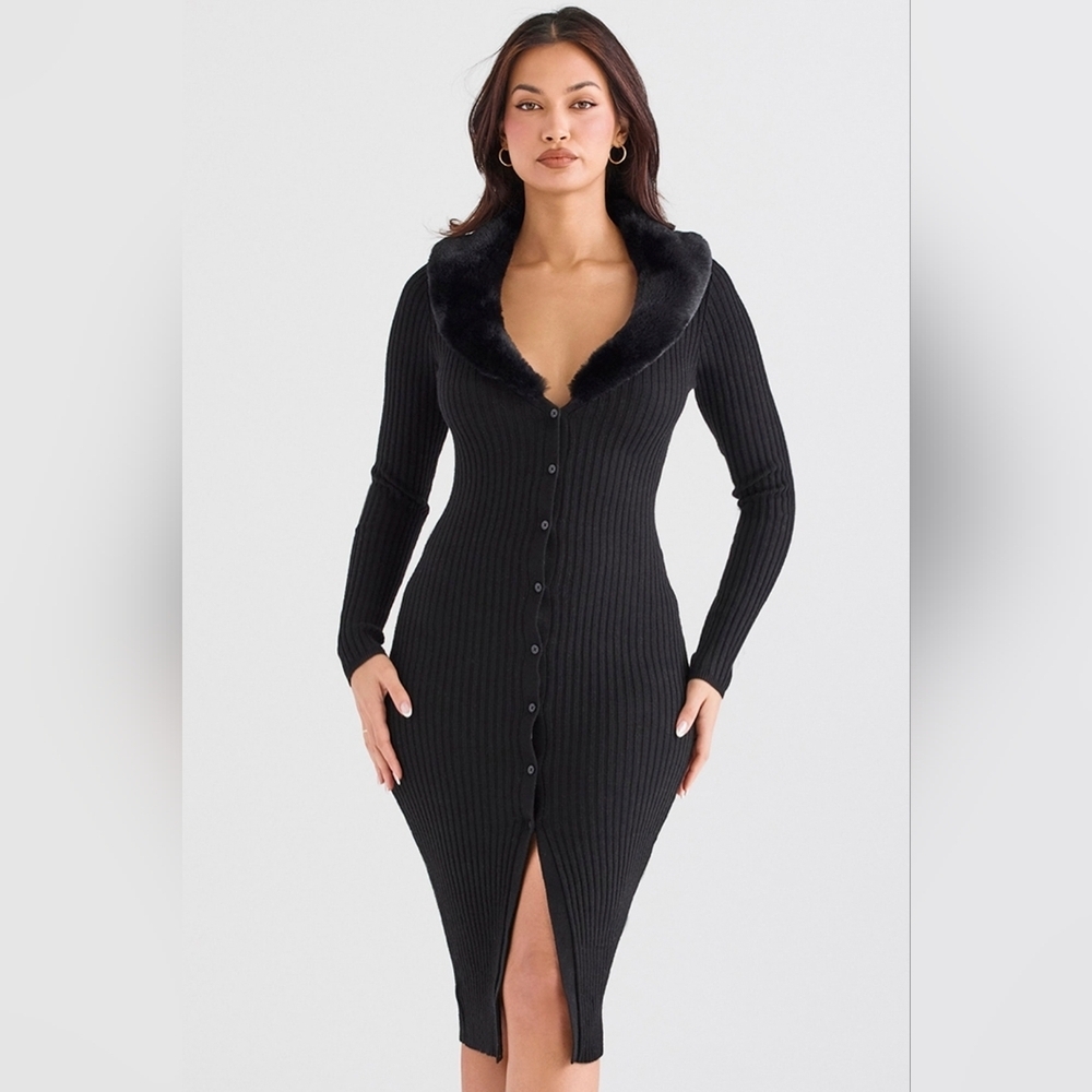 NWT House of CB Raine Black Faux Fur Button Down Sweater Midi Dress M